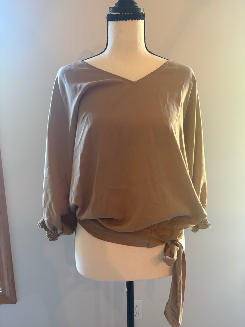 New York & Company Taupe Tie-Hem V-Neck Blouse